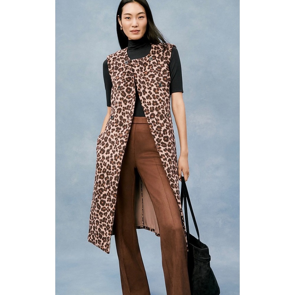 Ann Taylor Leopard Print Long Belted Brown Vest Jacket L P